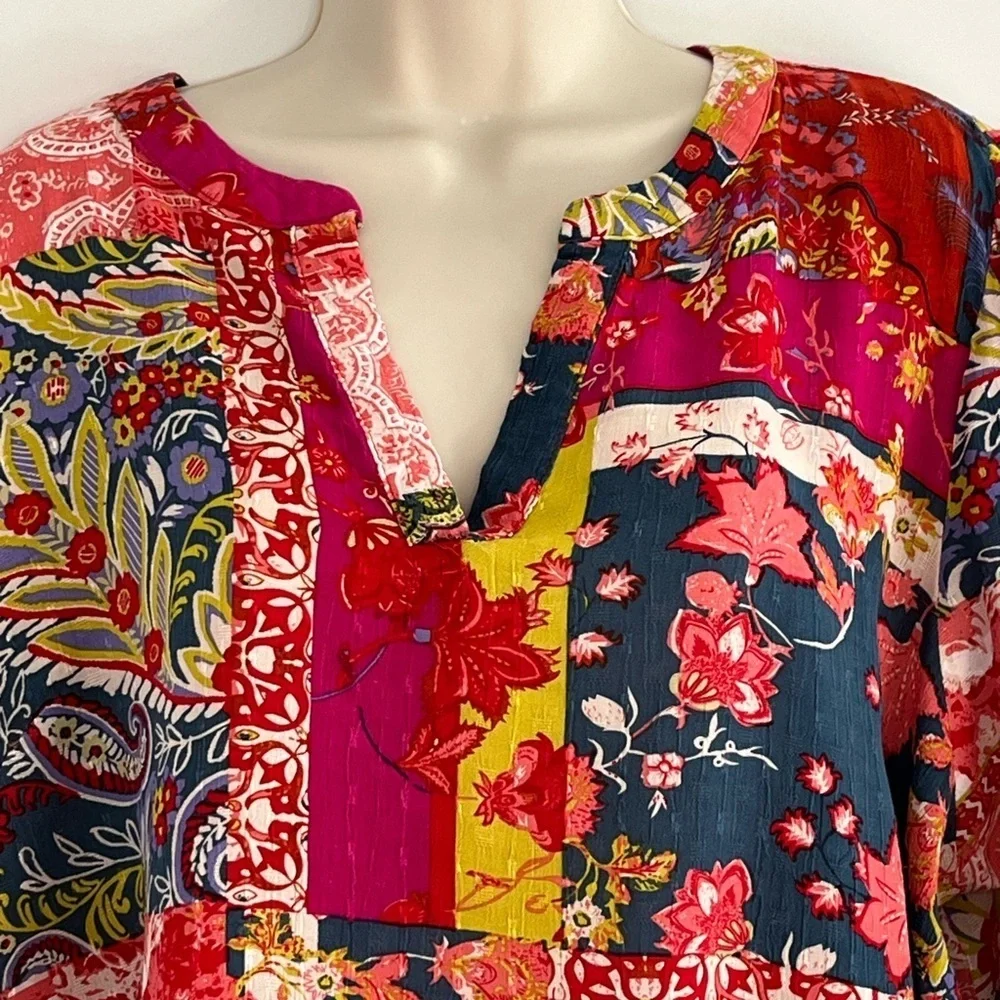 Jones New York Patchwork Floral Paisley Boho Blouse 3/4 Tie Sleeve 1X